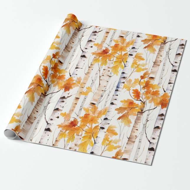 Papier Cadeau Motif de bouleaux d'aquarelle (Déroulé)