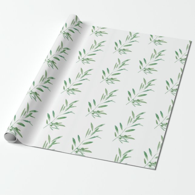 Papier Cadeau Motif de branche d'olive aquarelle (Déroulé)