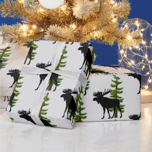 Papier Cadeau Motif de cabane orignal et arbre de pin