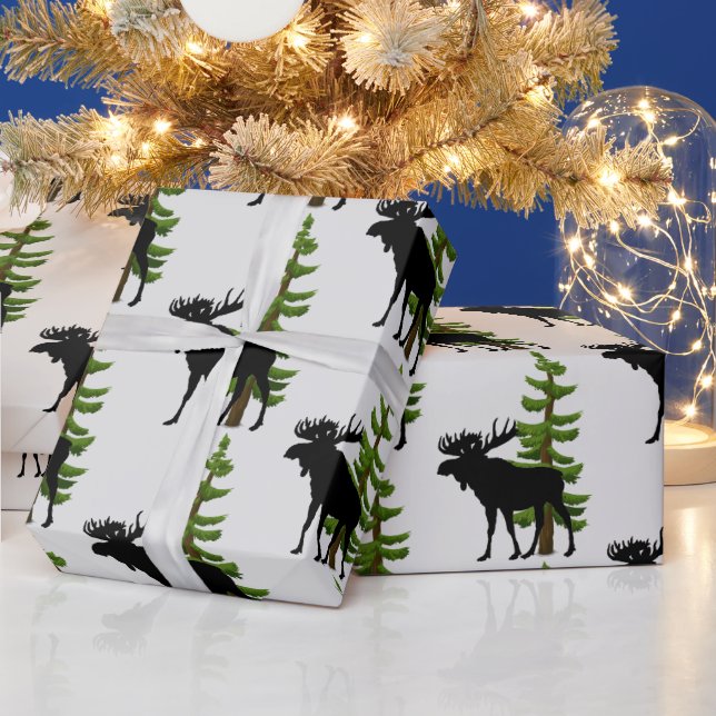 Papier Cadeau Motif de cabane orignal et arbre de pin  (Vacances)