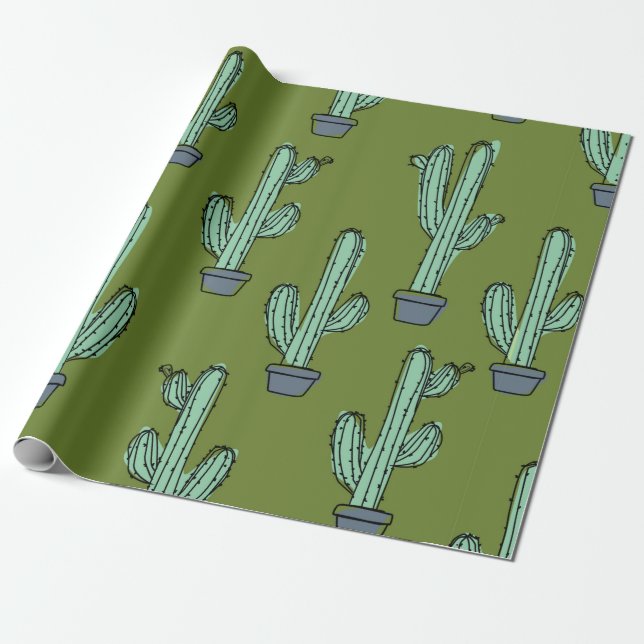 Papier Cadeau Motif de cactus dessiné à la main (Déroulé)