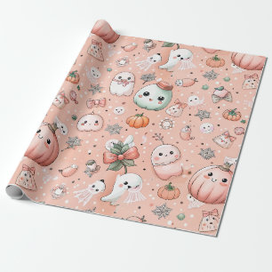Papier Cadeau Motif de caniche d'Halloween avec Fantômes et Citr