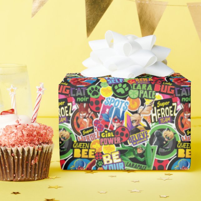 Papier Cadeau Motif de caractères superhéros miraculeux (Fête d'anniversaire)