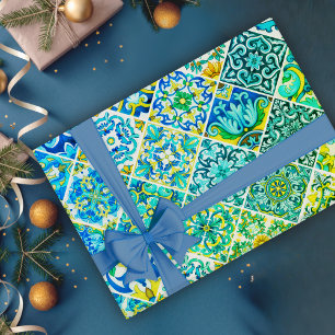 Papier Cadeau Motif de carreau en Talavera sicilienne aqua menth