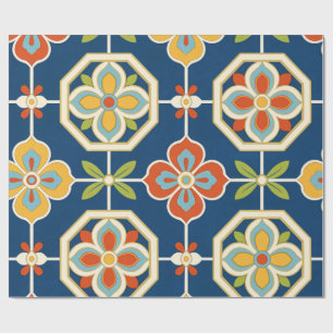 Papier Cadeau Motif de carreaux floraux rétro bleu marine orange