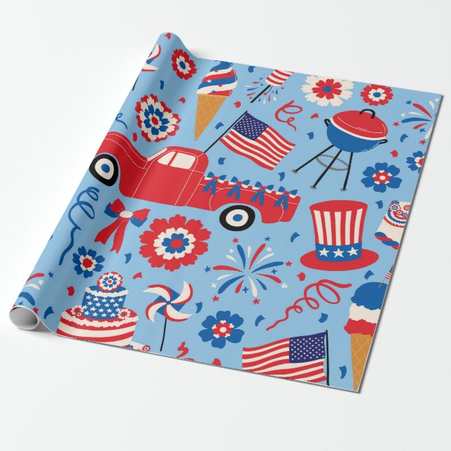 Papier Cadeau Motif de célébration rétro du 4 juillet (Déroulé)