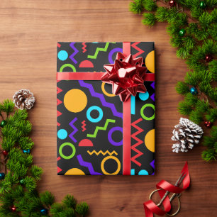 Papier Cadeau Motif de cercles en zigzag en néon sur fond noir