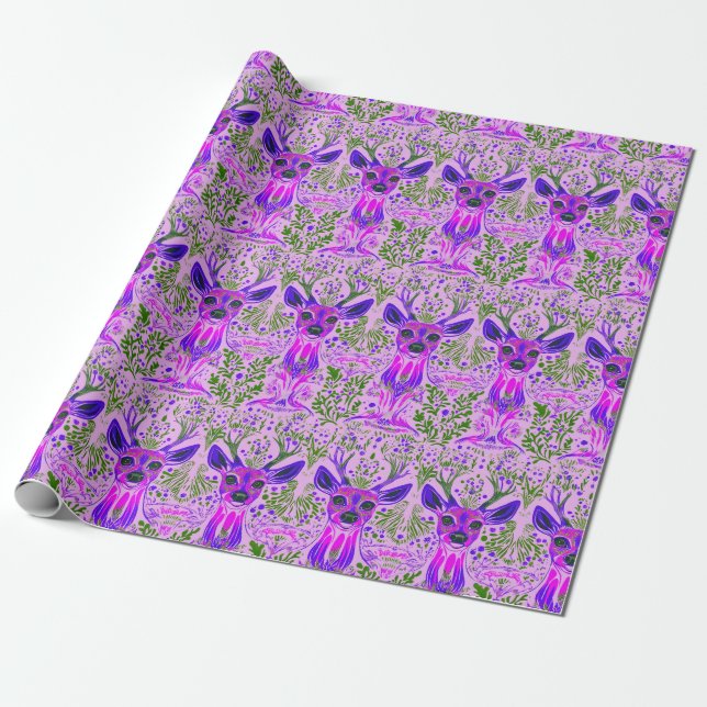 Papier Cadeau Motif de cerfs psychédéliques violets (Déroulé)