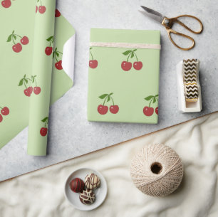 Papier Cadeau Motif de cerise vert et rouge de fruit vintage pou