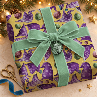 Papier Cadeau Motif de chapeau de gnome rétro violet jaune fanta