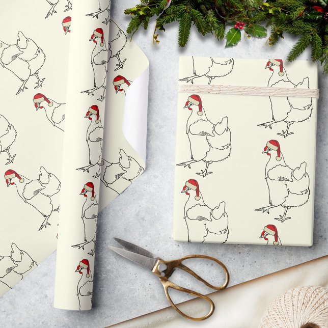 Papier Cadeau Motif de chapeau de Père Noël (Christmas chicken wearing a Santa hat pattern holiday wrapping paper simple farm chicken drawing art)