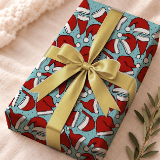 Papier Cadeau Motif de chapeau de Père Noël rétro bleu aqua mign