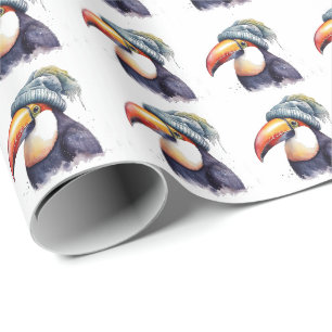 Papier Cadeau Motif de chapeau d'hiver bleu toucan Noël aquarell