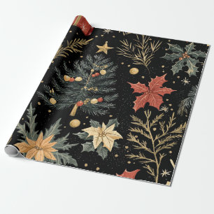 Papier Cadeau Motif de charbon de Noël Holly Green Rouge