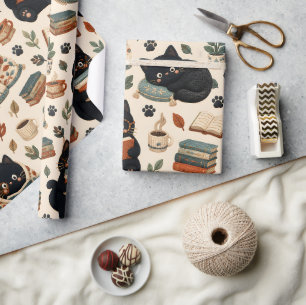 Papier Cadeau Motif de chat noir confortable amateur de livres
