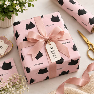 Papier Cadeau Motif de chat noir mignon Kitty rose Meow
