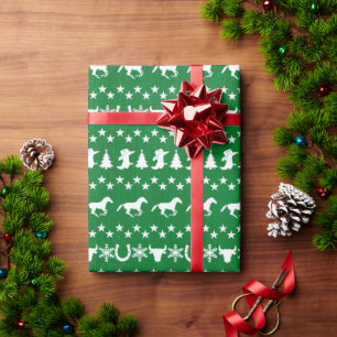 Papier Cadeau Motif de cheval de Noël rustique vert