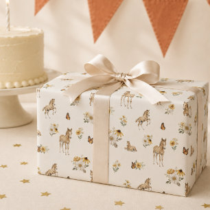 Papier Cadeau Motif de cheval et de papillon de fleur sauvage or