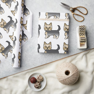 Papier Cadeau Motif de chien mignon Yorkshire Terrier bleu et or