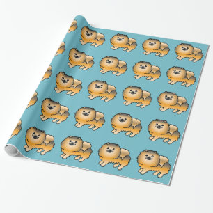 Papier Cadeau Motif de chien Pomeranian Sable Orange sur bleu