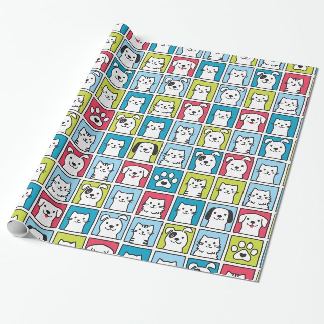 Papier Cadeau Motif de chiens et chats mignons et drôles (Déroulé)