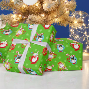 Papier Cadeau Motif de chocolat chaud de Noël sur fond vert