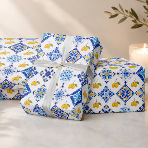 Papier Cadeau Motif de citron de campagne français bleu