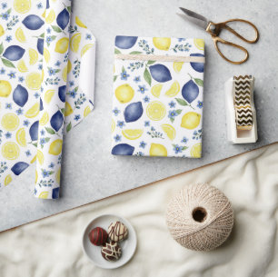 Papier Cadeau Motif de citron de campagne française bleu