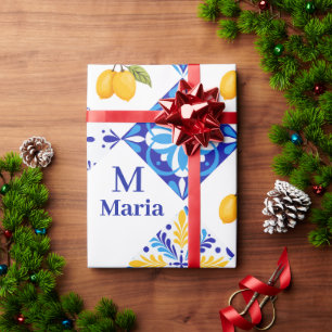 Papier Cadeau Motif de citron de pays français bleu monogramme n
