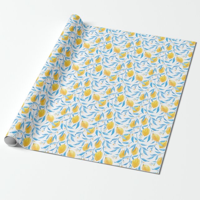 Papier Cadeau Motif de citrons d'aquarelle à main (Déroulé)