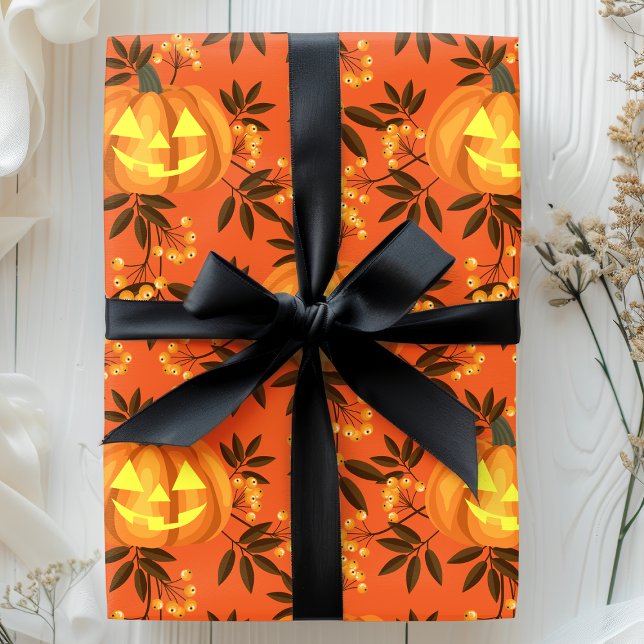 Papier Cadeau Motif de citrouille florale Jack O'Lantern (Créateur téléchargé)