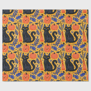 Papier Cadeau Motif de citrouilles de chats noirs Halloween