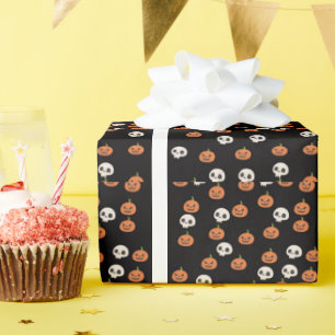 Papier Cadeau Motif de citrouilles et de crânes d'Halloween
