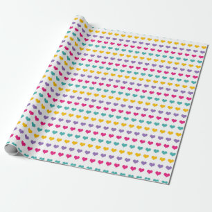 Papier Cadeau Motif de cœur : bleu, rose, jaune et violet