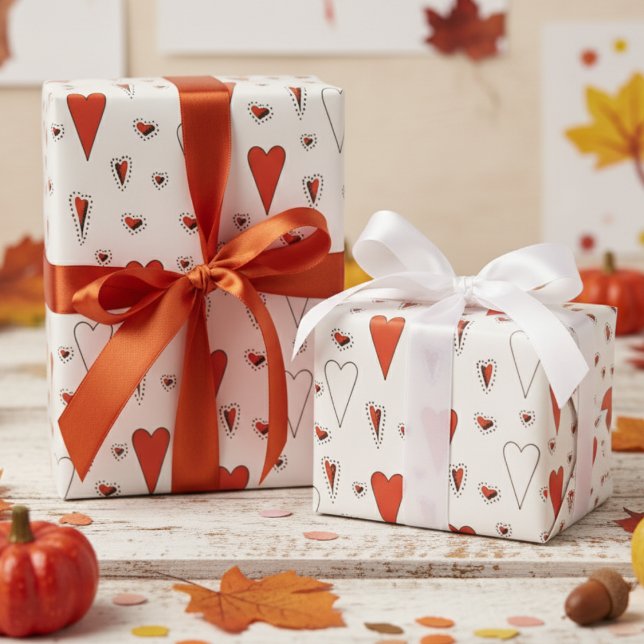Papier Cadeau Motif de coeur tendance orange et noir (Cute Fall Thanksgiving & Autumn Birthday Wrapping Paper for Kids. Cute Dark Orange Hearts Pattern )
