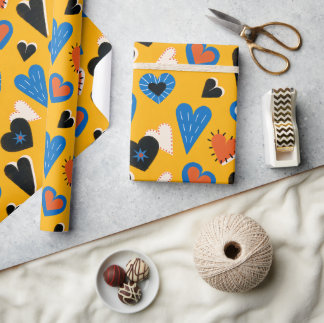 Papier Cadeau Motif de cœurs colorés sur fond jaune