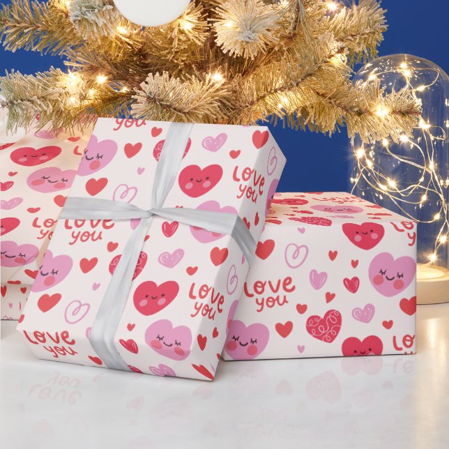 Papier Cadeau Motif de cœurs rouges roses jolis (Vacances)