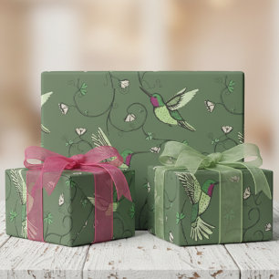 Papier Cadeau Motif de colibri de vigne de trèfle vert olive