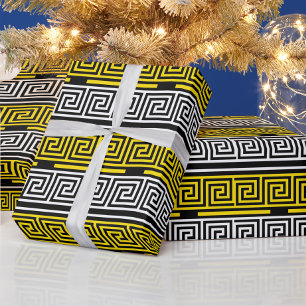 Papier Cadeau Motif de conception de clé grecque en frise jaune