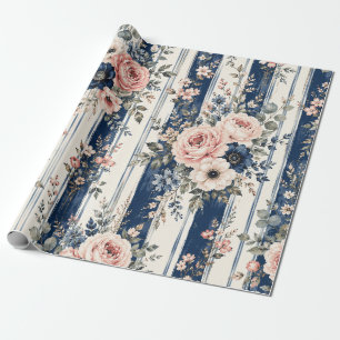 Papier Cadeau Motif de conception de rayure florale Navy aquarel