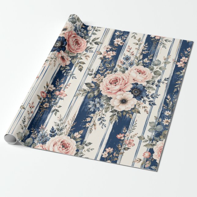Papier Cadeau Motif de conception de rayure florale Navy aquarel (Déroulé)