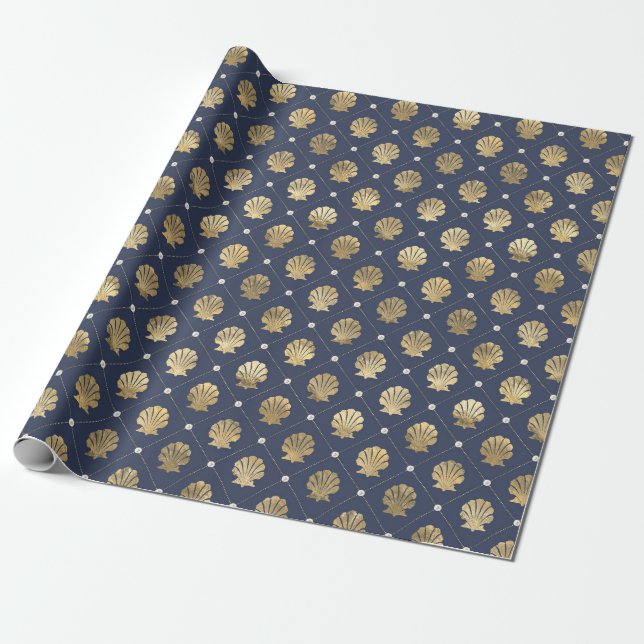 Papier Cadeau Motif de coque marine bleu et or (Déroulé)