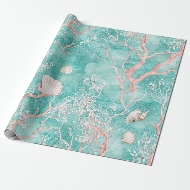 Papier Cadeau Motif de corail côtier de luxe (Déroulé)