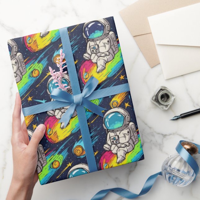 Papier Cadeau Motif de course de météore d'astronaute cosmique (Cadeaux)