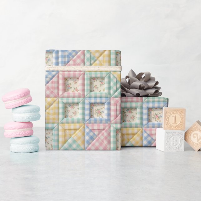 Papier Cadeau Motif de Courtepoint en Patchwork Gingham (Baby Shower)