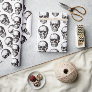 Papier Cadeau Motif de crâne noir et blanc Halloween