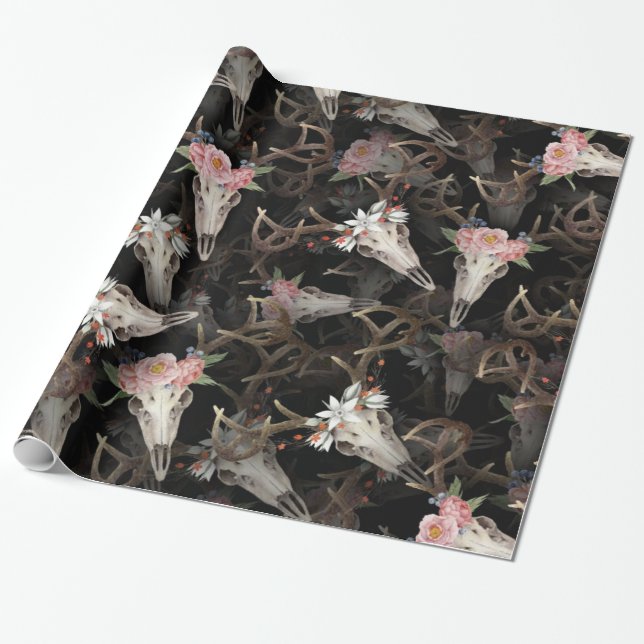 Papier Cadeau Motif de crânes de cerfs de fleurs (Déroulé)