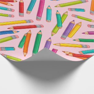 Papier Cadeau Motif de crayons colorés sur fond rose