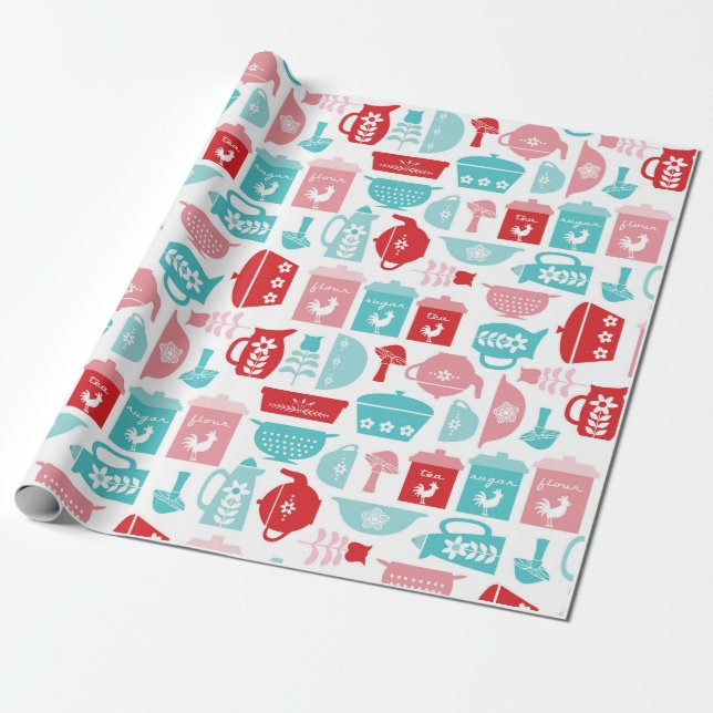 Papier Cadeau Motif de cuisine rouge et bleu rétro (Déroulé)