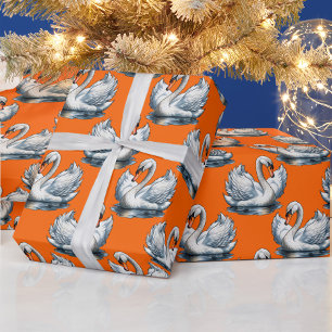 Papier Cadeau Motif de cygnes sur fond orange